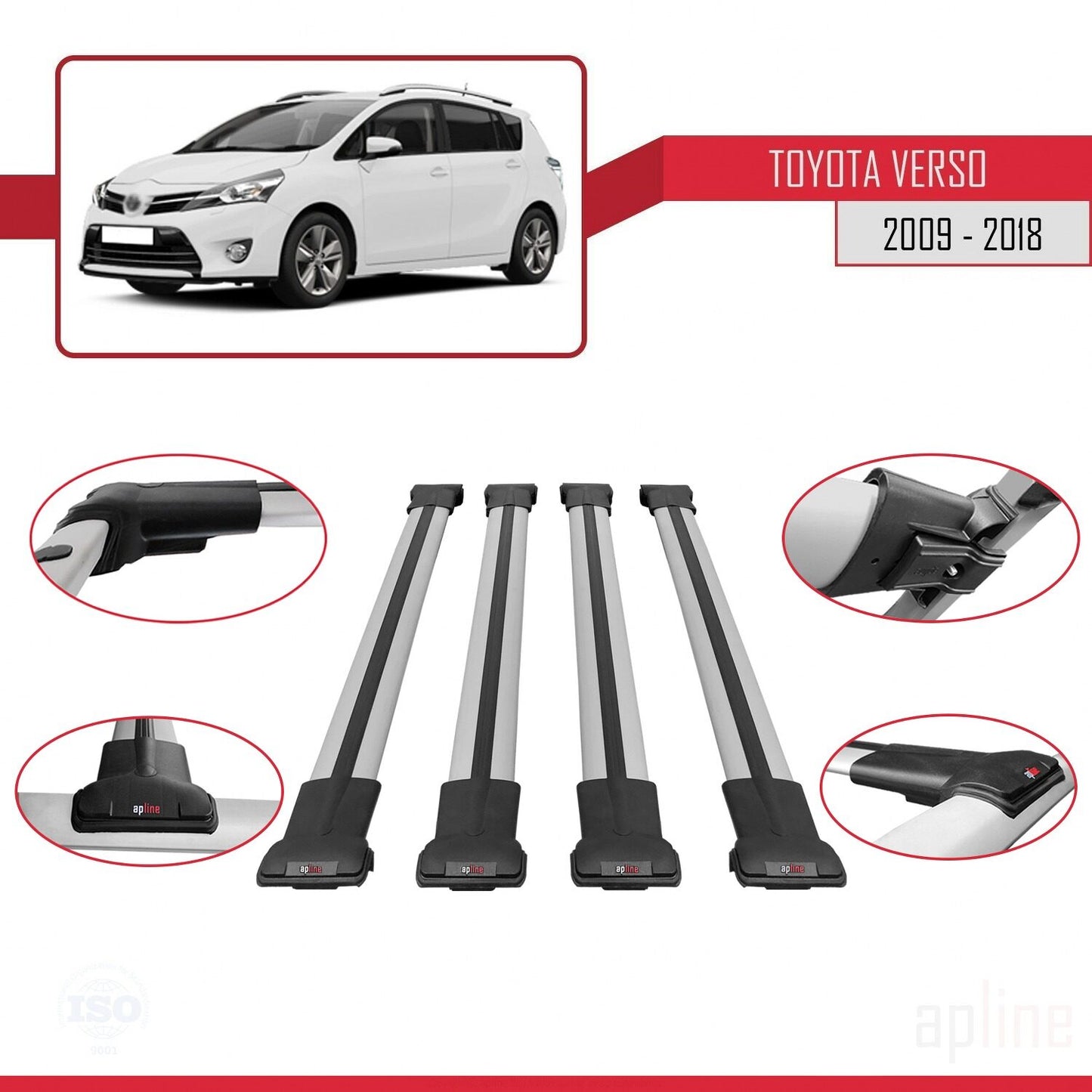 Compatible avec Toyota Verso (AR20) 2009-2018 FLY Model Barres de Toit Railing Porte-Bagages de Voiture Gris Aluminium 4 Barres