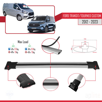 Compatible avec Ford Transit/Tourneo Custom 2012-2023 FLY Model Barres de Toit Railing Porte-Bagages de Voiture Gris Aluminium 3 Barres