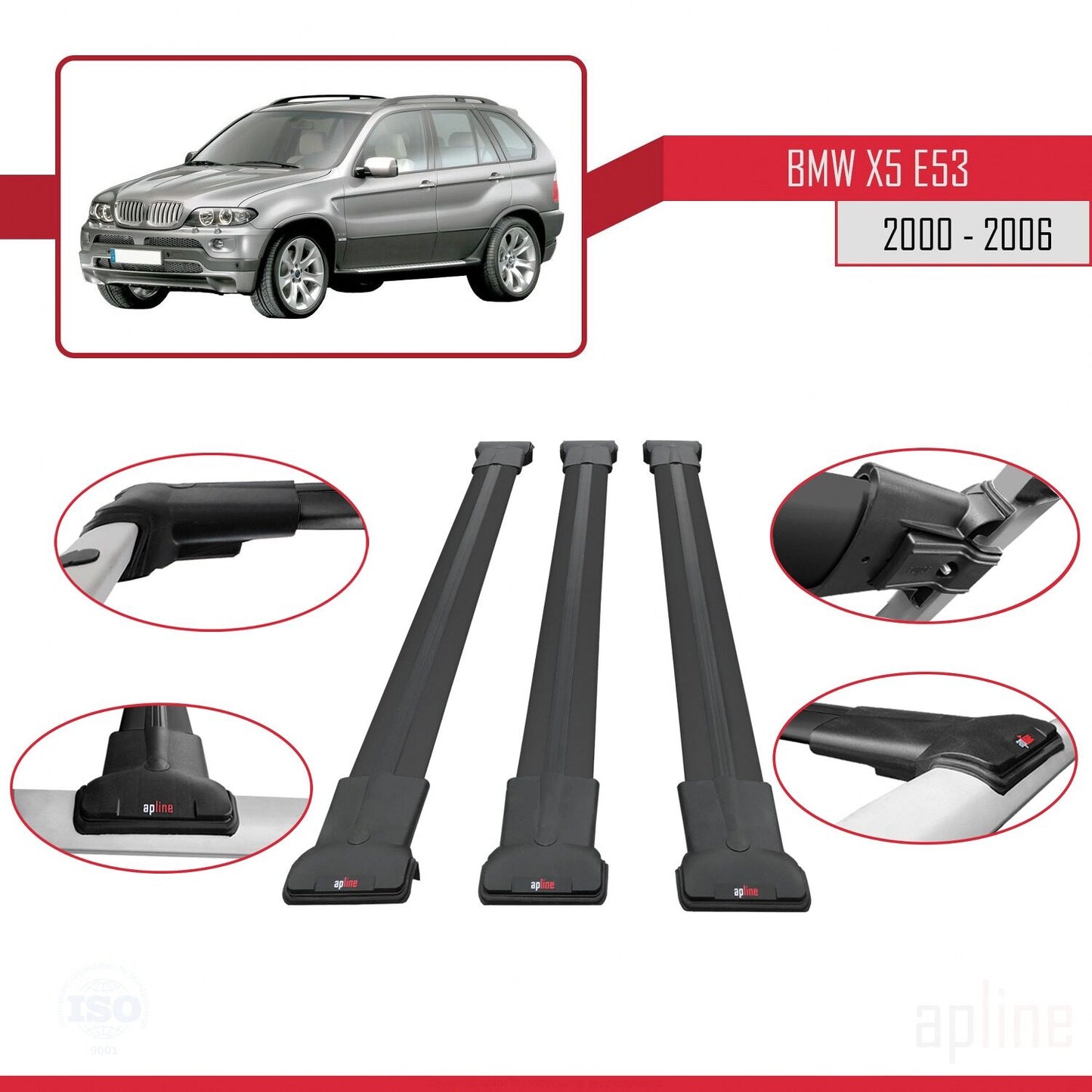 Kompatibel mit BMW X5 (E53) 2000-2006 FLY Modell Dachgepäckträger, schwarzes Aluminium, 3-teilig