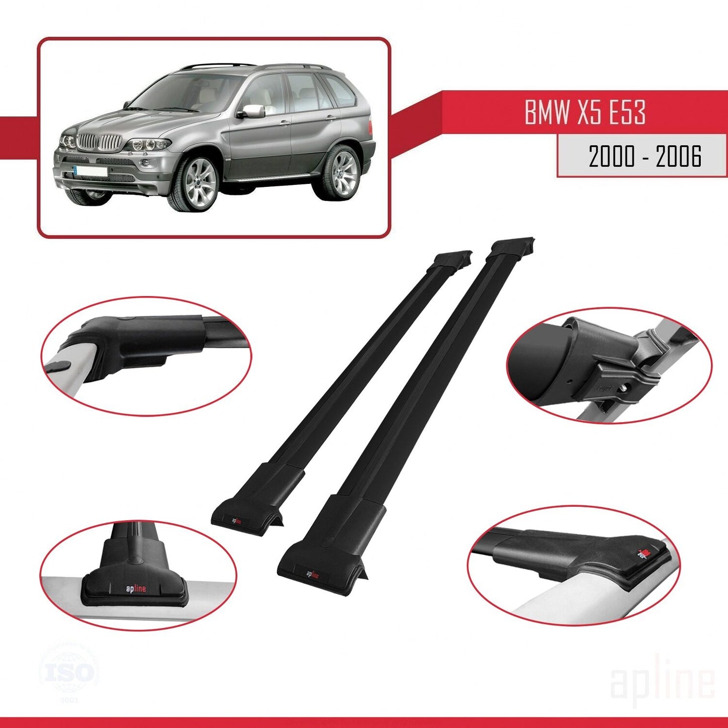 Kompatibel mit BMW X5 (E53) 2000-2006 FLY Modell Dachgepäckträger, schwarzes Aluminium, 2 Stangen