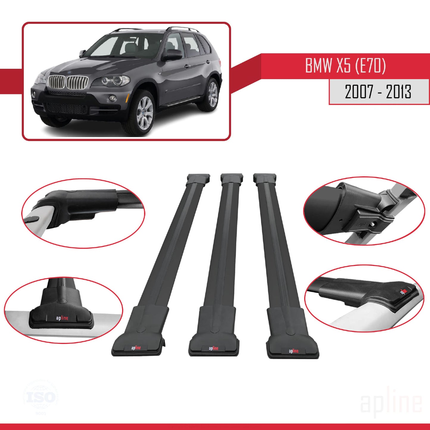 Kompatibel mit BMW X5 (E70) 2007-2013 FLY Modell Dachgepäckträger, schwarzes Aluminium, 3-teilig