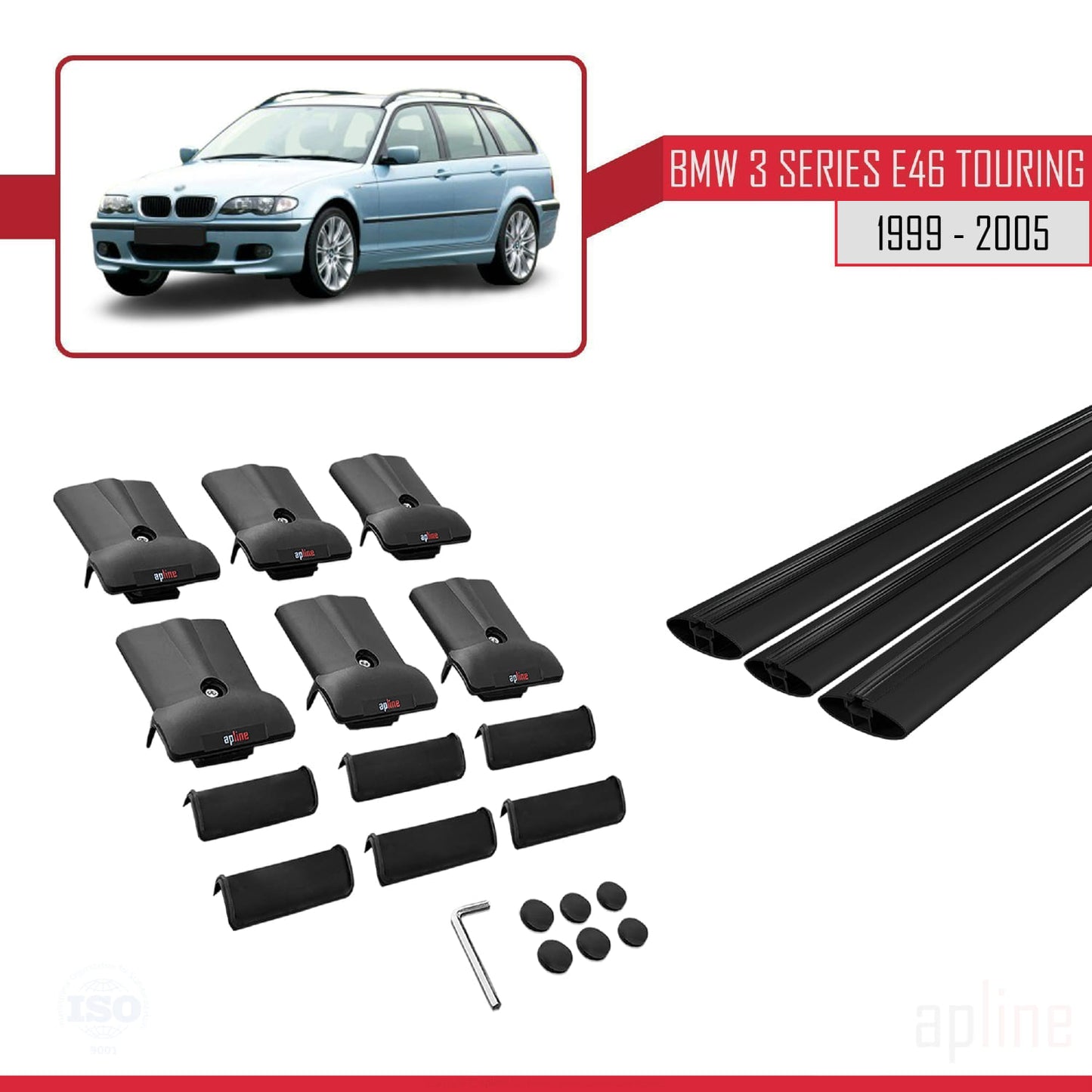 Kompatibel mit BMW 3er (E46) Touring 1999-2005 FLY Modell Dachgepäckträger, schwarzes Aluminium, 3-teilig