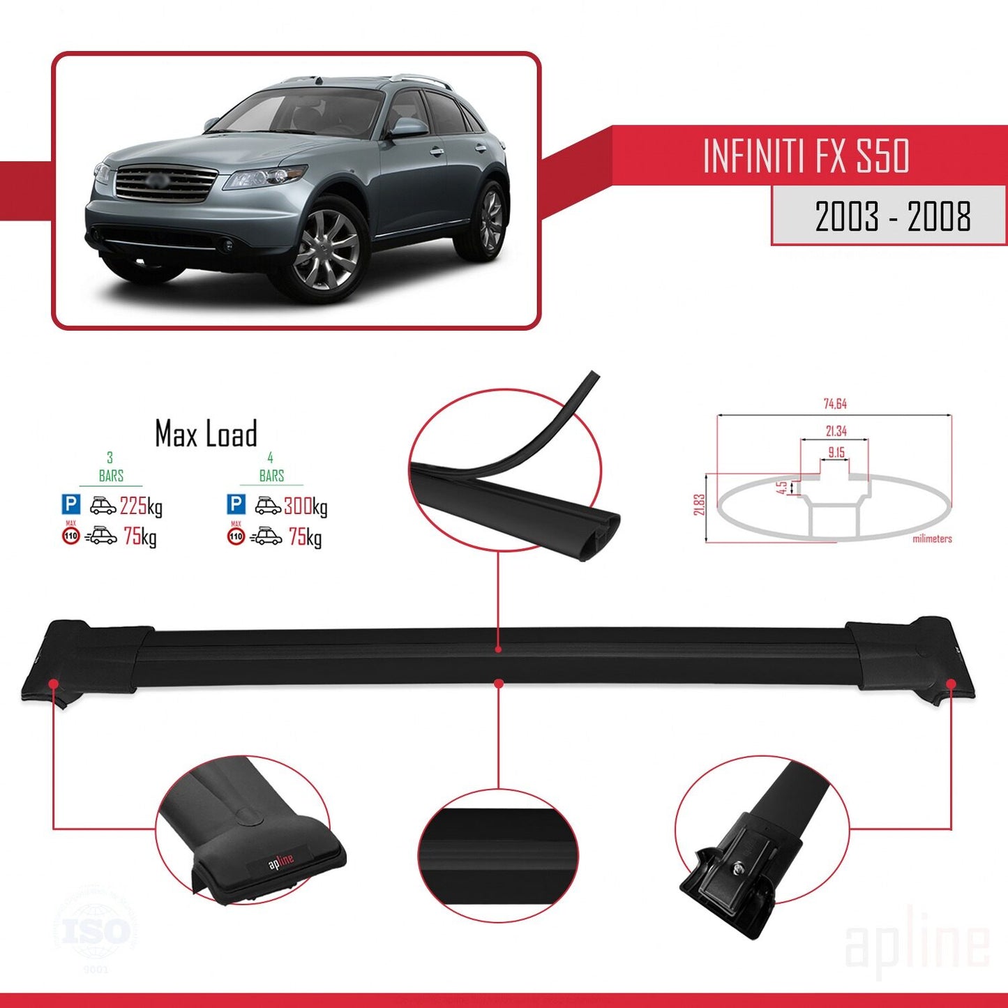 Compatible avec Infiniti FX (S50) 2003-2008 FLY Model Barres de Toit Railing Porte-Bagages de Voiture Noir Aluminium 3 Barres
