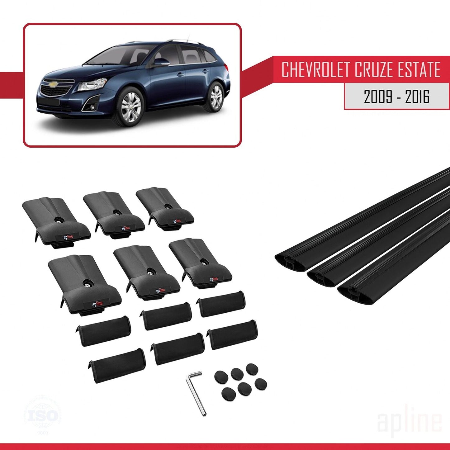 Kompatibel mit Chevrolet Cruze (J300) 2009-2016 FLY Modell Dachgepäckträger, schwarzes Aluminium, 3 Stangen