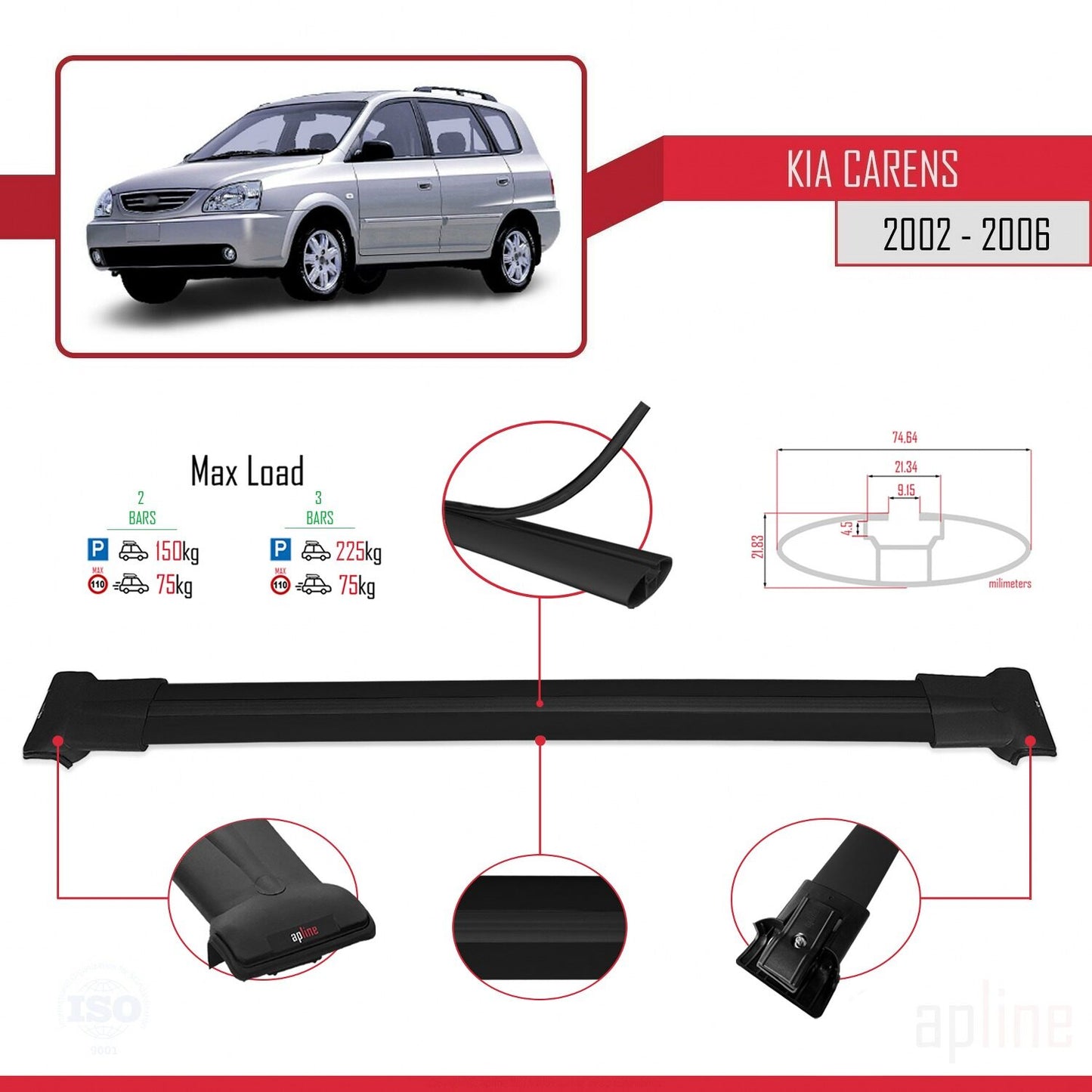 Kompatibel mit Kia Carens Post-Facelift 2002-2006 FLY Model Relingträger Dachträger Auto Gepäckträger Schwarz Aluminium 2 Stangen