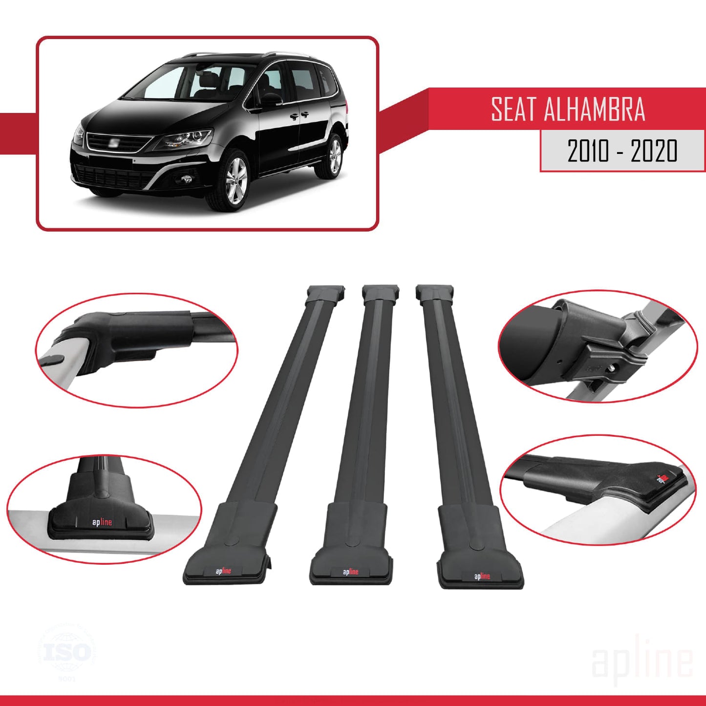 Kompatibel mit Seat Alhambra 2 (7N) 2010-2020 FLY Model Relingträger Dachträger Auto Gepäckträger Schwarz Aluminium 3 Stangen