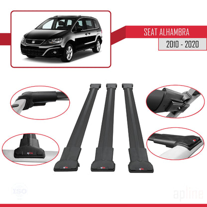Kompatibel mit Seat Alhambra 2 (7N) 2010-2020 FLY Model Relingträger Dachträger Auto Gepäckträger Schwarz Aluminium 3 Stangen