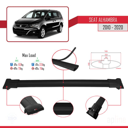Kompatibel mit Seat Alhambra 2 (7N) 2010-2020 FLY Model Relingträger Dachträger Auto Gepäckträger Schwarz Aluminium 2 Stangen