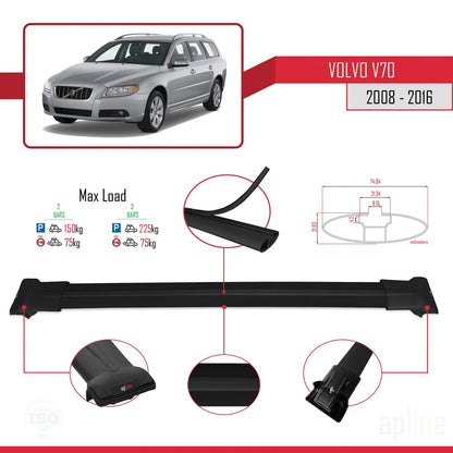 Compatible avec Volvo V70 III 2008-2016 FLY Model Barres de Toit Railing Porte-Bagages de Voiture Noir Aluminium 2 Barres