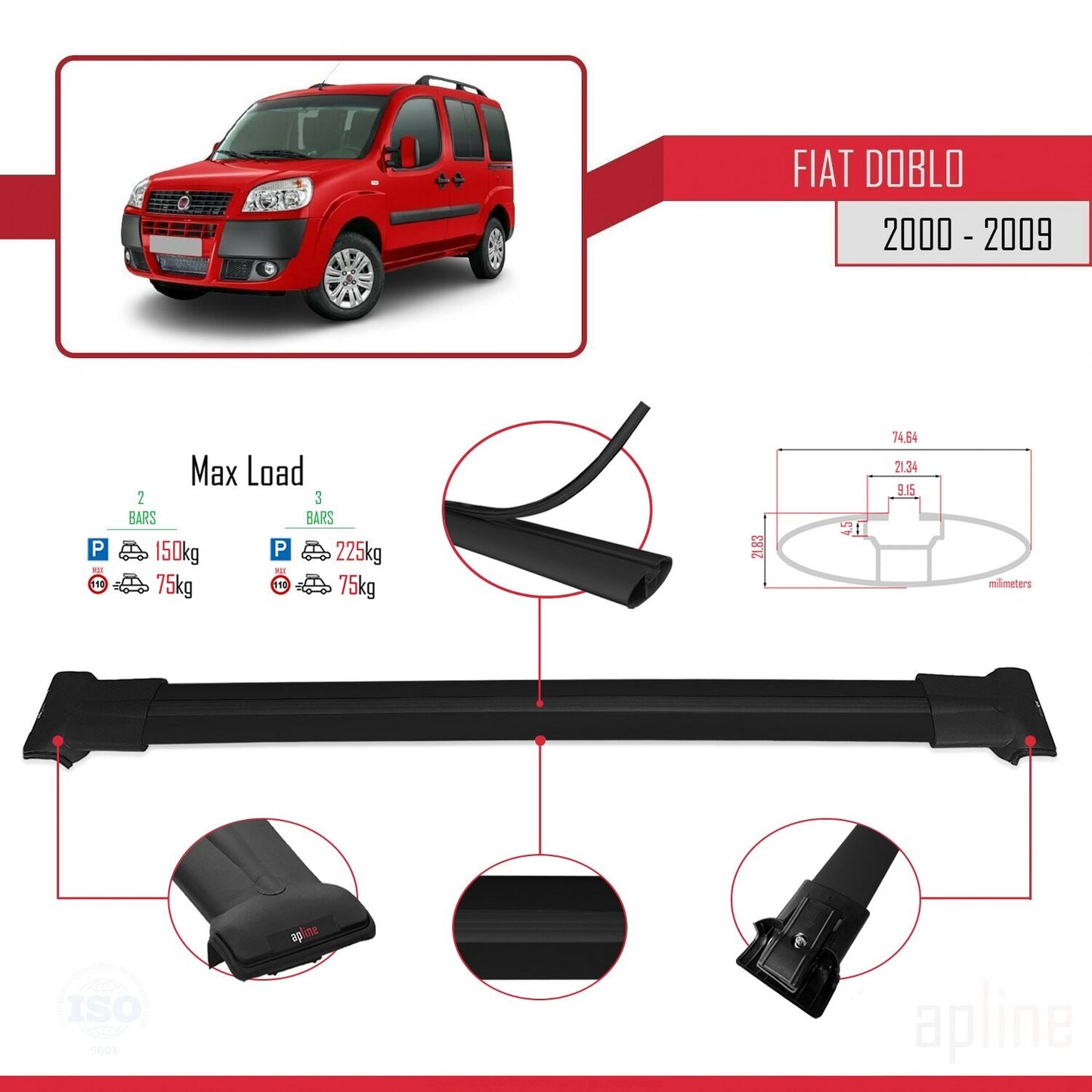 Kompatibel mit Fiat Doblo 2000-2009 FLY Modell Dachgepäckträger, schwarzes Aluminium, 2 Stangen