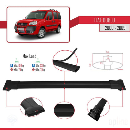 Kompatibel mit Fiat Doblo 2000-2009 FLY Modell Dachgepäckträger, schwarzes Aluminium, 2 Stangen
