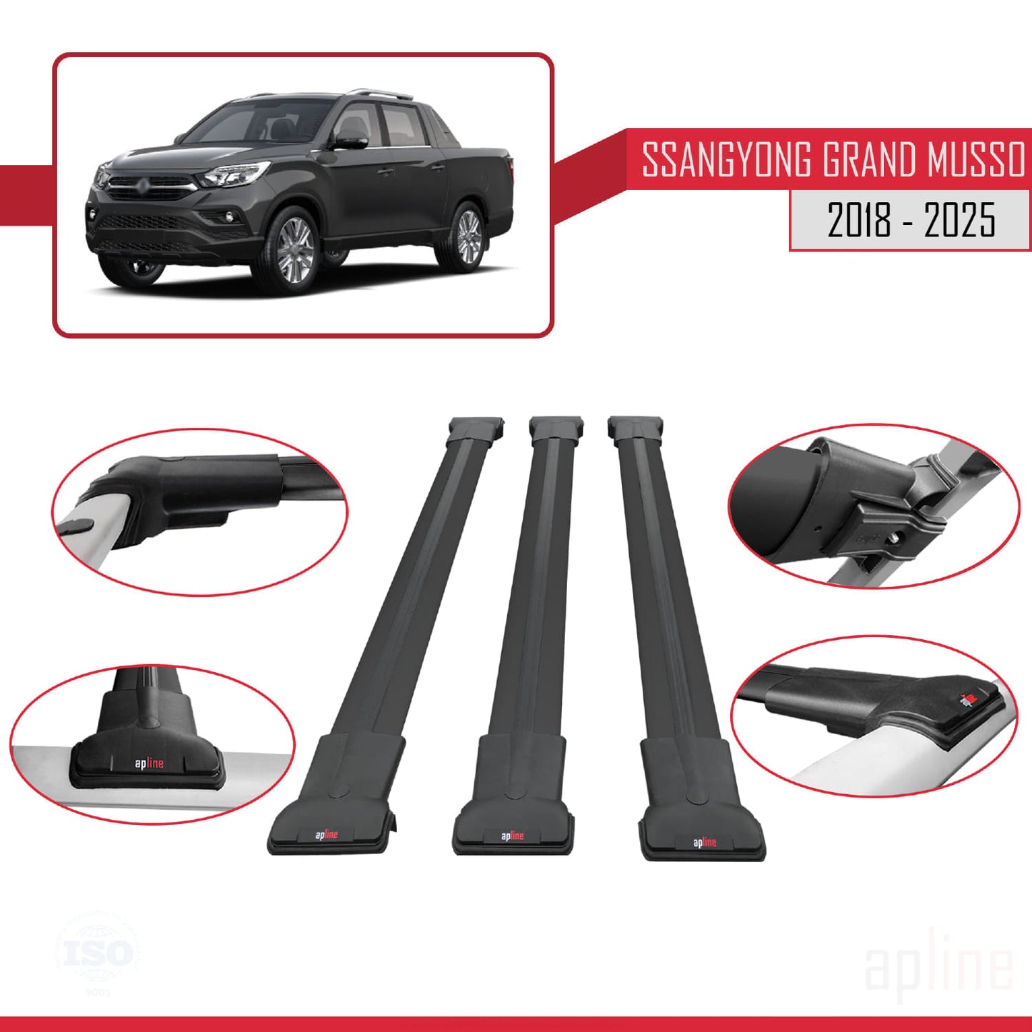 Compatible avec Ssangyong Grand Musso 2018-2025 FLY Model Barres de Toit Railing Porte-Bagages de Voiture Noir Aluminium 3 Barres