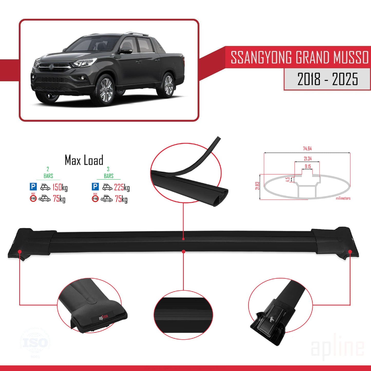 Compatible avec Ssangyong Grand Musso 2018-2025 FLY Model Barres de Toit Railing Porte-Bagages de Voiture Noir Aluminium 2 Barres