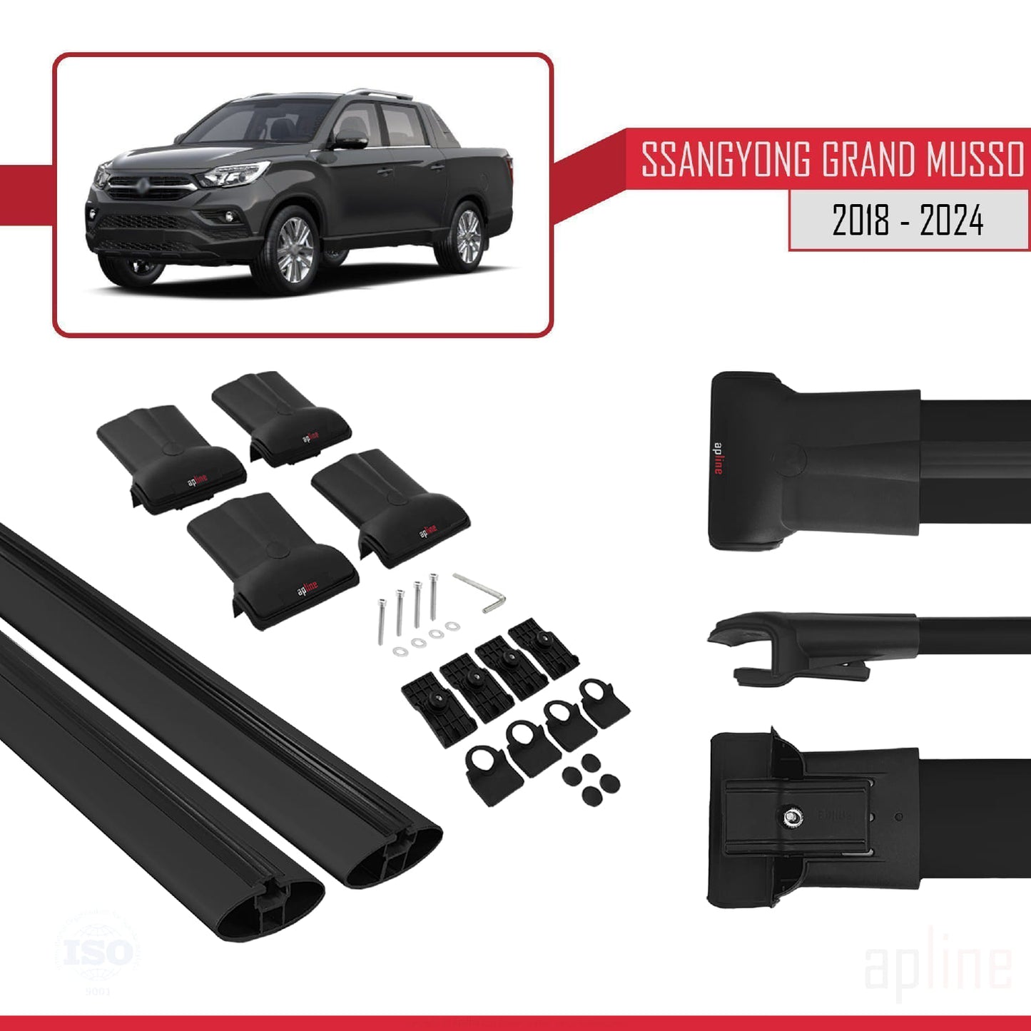 Compatible avec Ssangyong Grand Musso 2018-2025 FLY Model Barres de Toit Railing Porte-Bagages de Voiture Noir Aluminium 2 Barres
