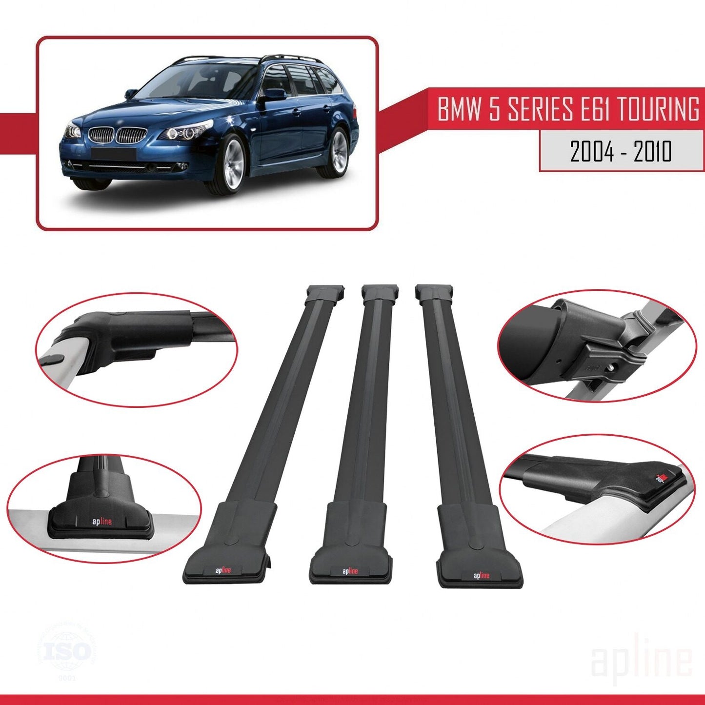 Kompatibel mit BMW 5er (E61) Touring 2004-2010 FLY Modell Dachgepäckträger, schwarzes Aluminium, 3-Stangen
