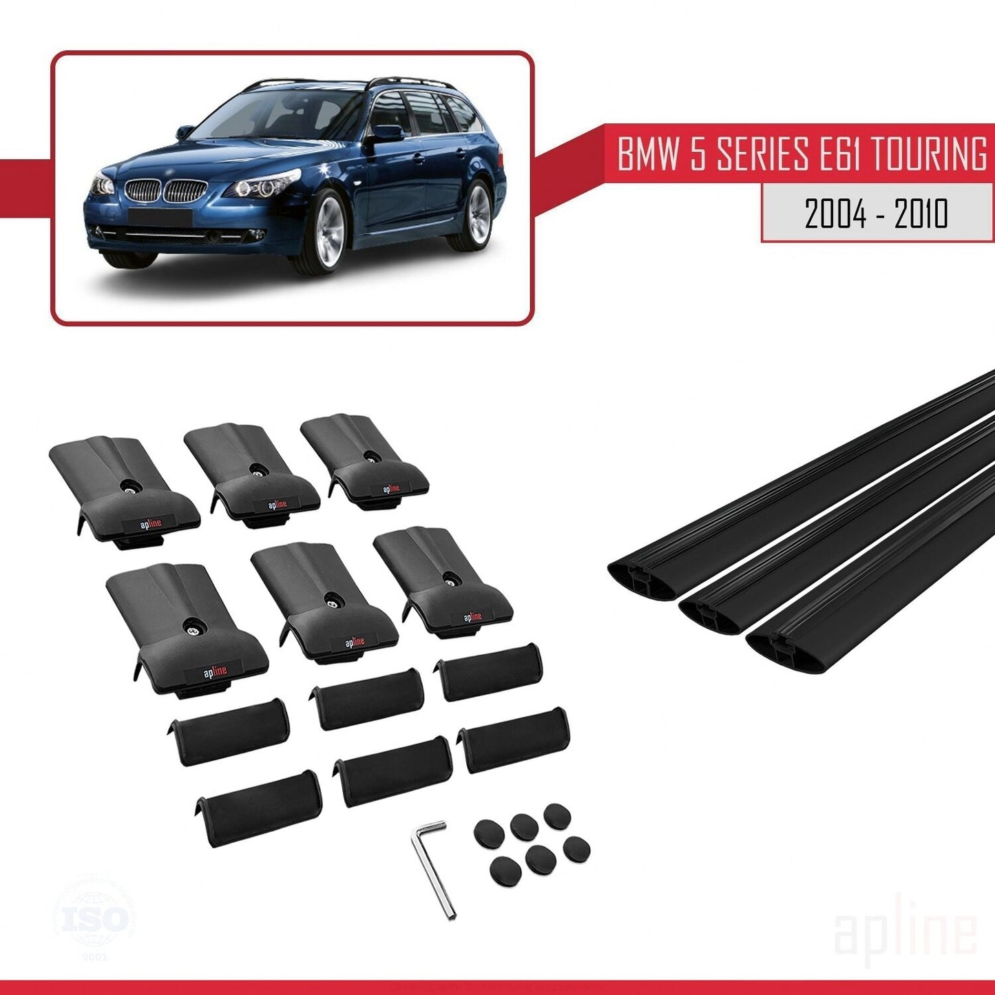 Kompatibel mit BMW 5er (E61) Touring 2004-2010 FLY Modell Dachgepäckträger, schwarzes Aluminium, 3-Stangen