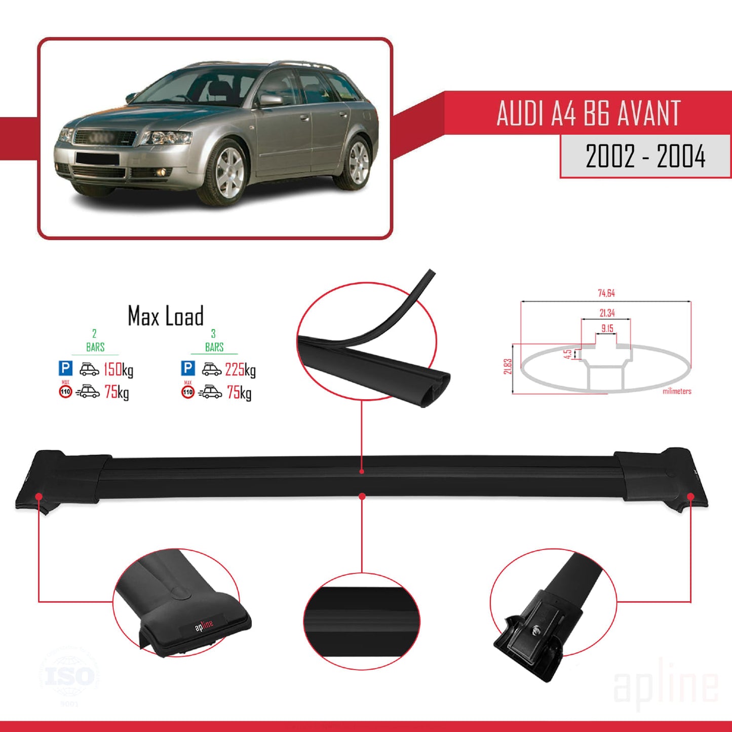 Compatible avec A4 (B6) Avant 2002-2004 FLY Model Barres de Toit Railing Porte-Bagages de Voiture Noir Aluminium 2 Barres