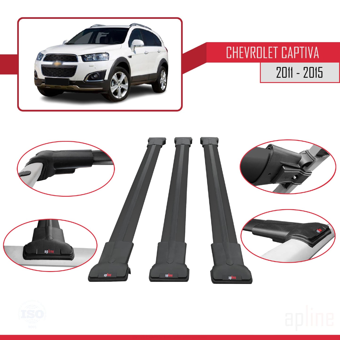 Kompatibel mit Chevrolet Captiva 2011-2015 FLY Modell Dachgepäckträger, schwarzes Aluminium, 3 Stangen