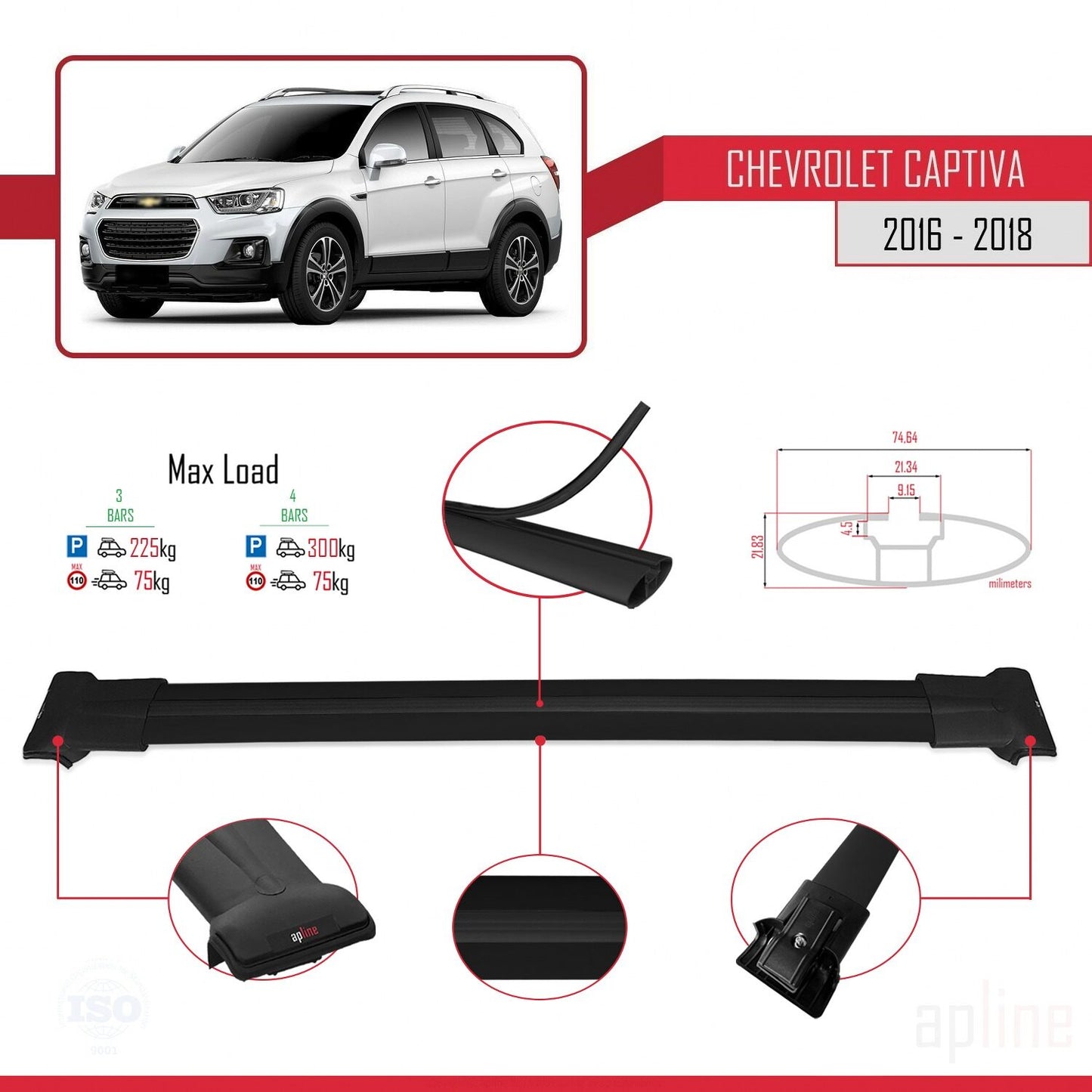 Kompatibel mit Chevrolet Captiva 2016-2018 FLY Modell Dachgepäckträger, schwarzes Aluminium, 3 Stangen
