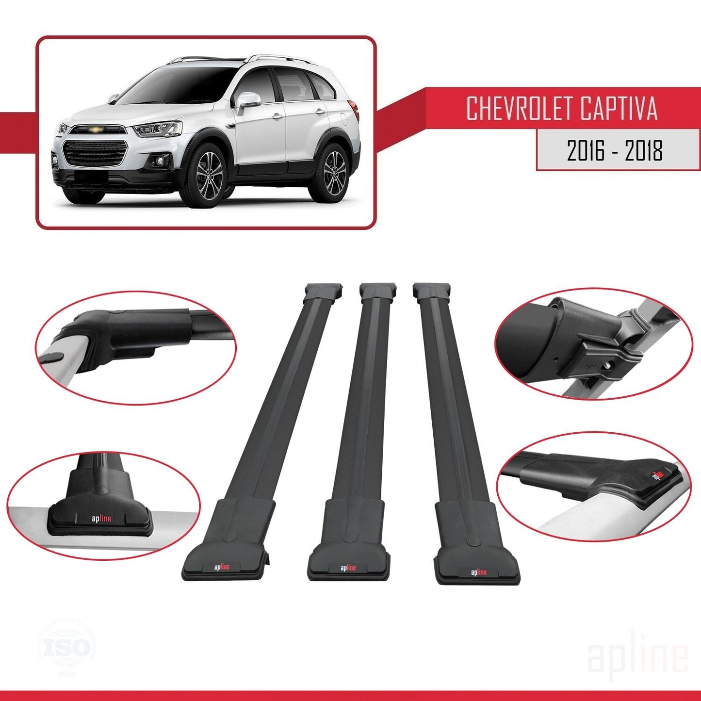 Kompatibel mit Chevrolet Captiva 2016-2018 FLY Modell Dachgepäckträger, schwarzes Aluminium, 3 Stangen