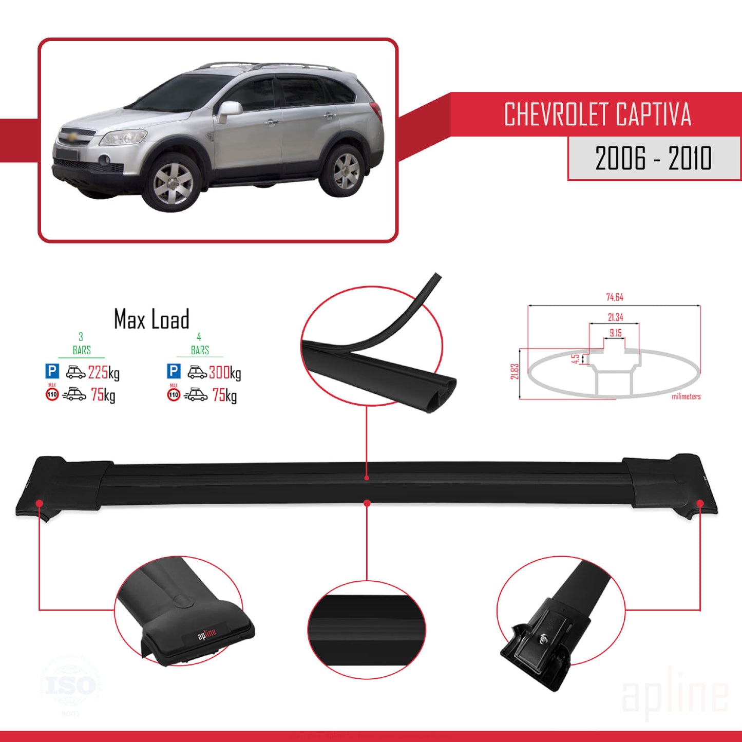 Kompatibel mit Chevrolet Captiva FLY Modell 2006-2010 Dachgepäckträger, schwarzes Aluminium, 3 Stangen