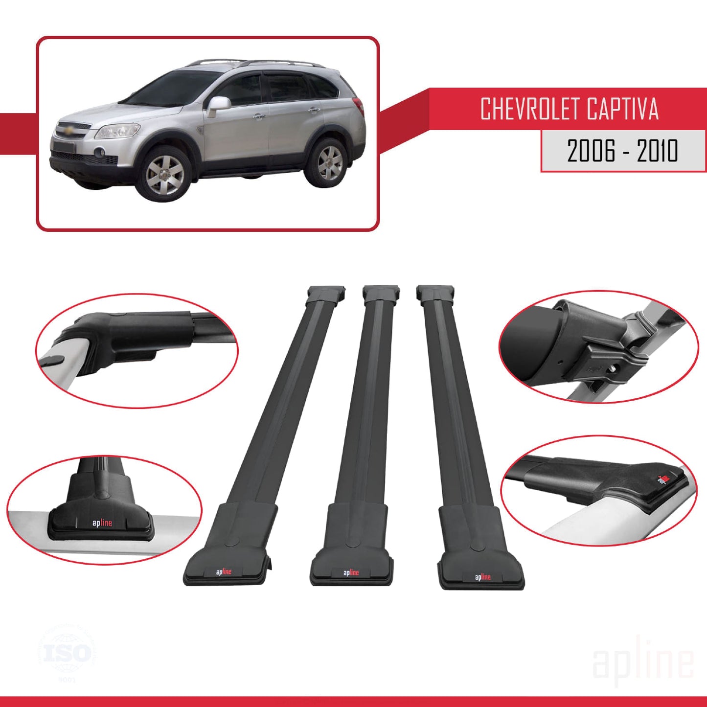 Kompatibel mit Chevrolet Captiva FLY Modell 2006-2010 Dachgepäckträger, schwarzes Aluminium, 3 Stangen