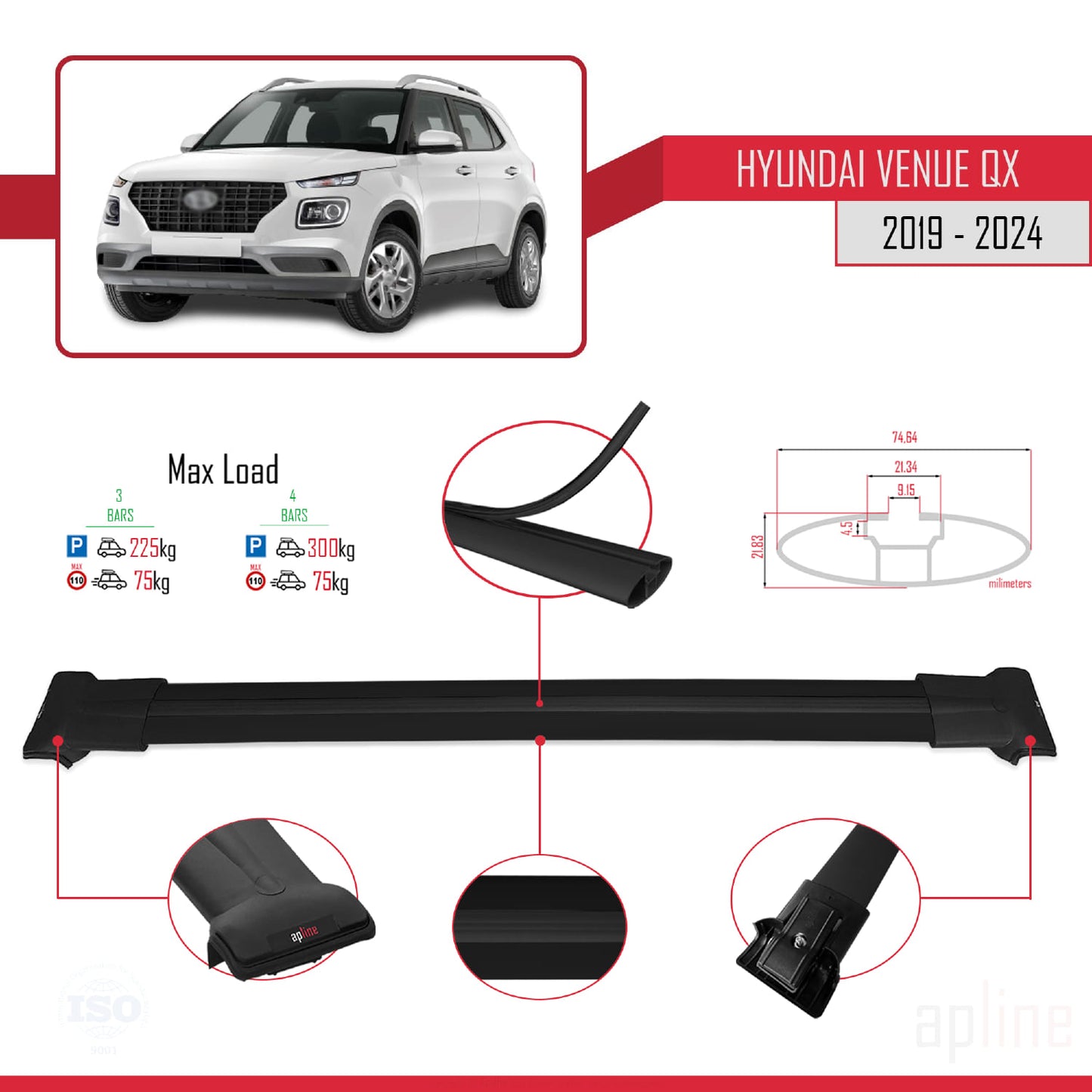 Compatible avec Hyundai Venue (QX) 2019-2024 FLY Model Barres de Toit Railing Porte-Bagages de Voiture Noir Aluminium 3 Barres