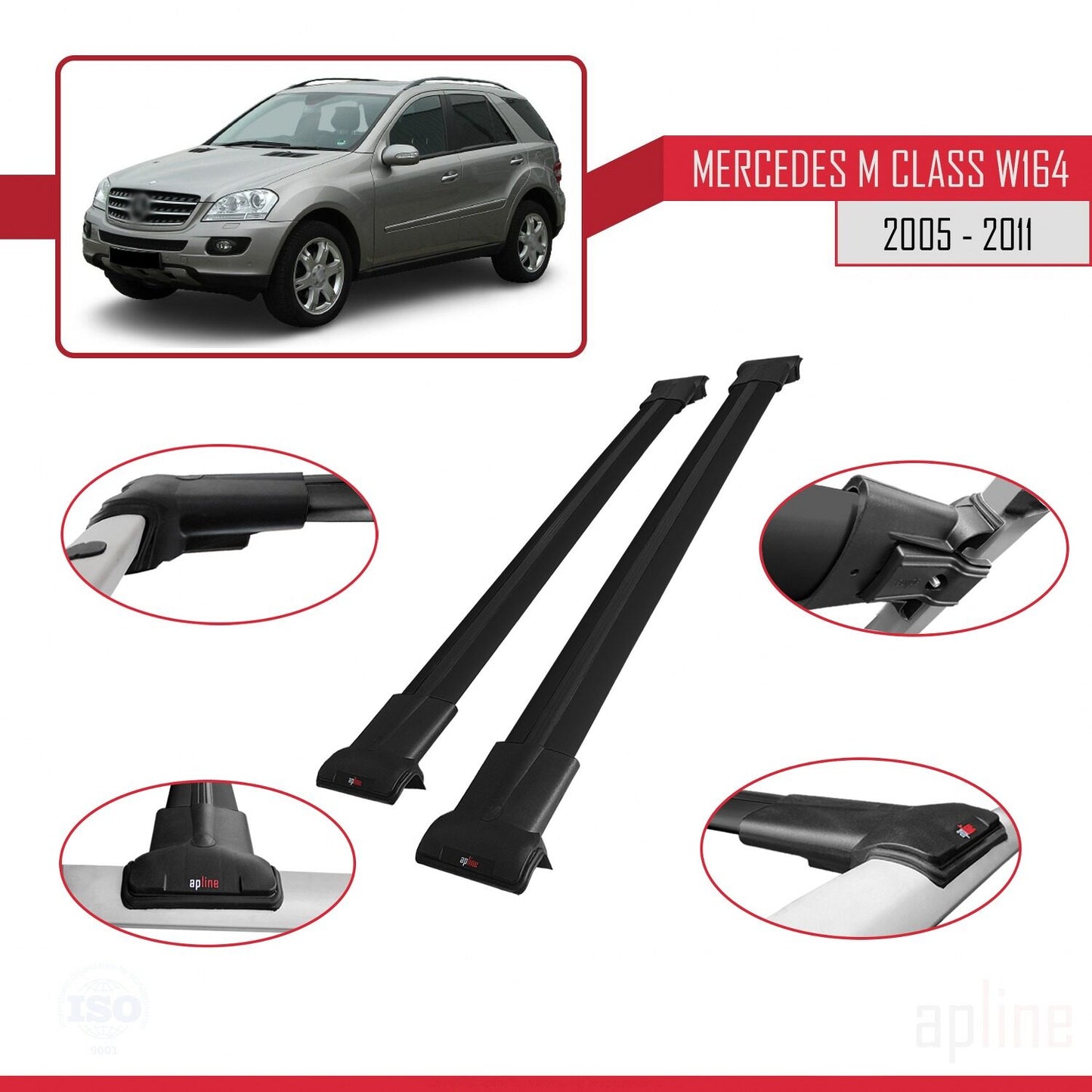 Compatible with Mercedes M Class 2 (W164) 2005-2011 FLY Model Car Roof Rack Cross Bar Black Aluminium 2 Bars