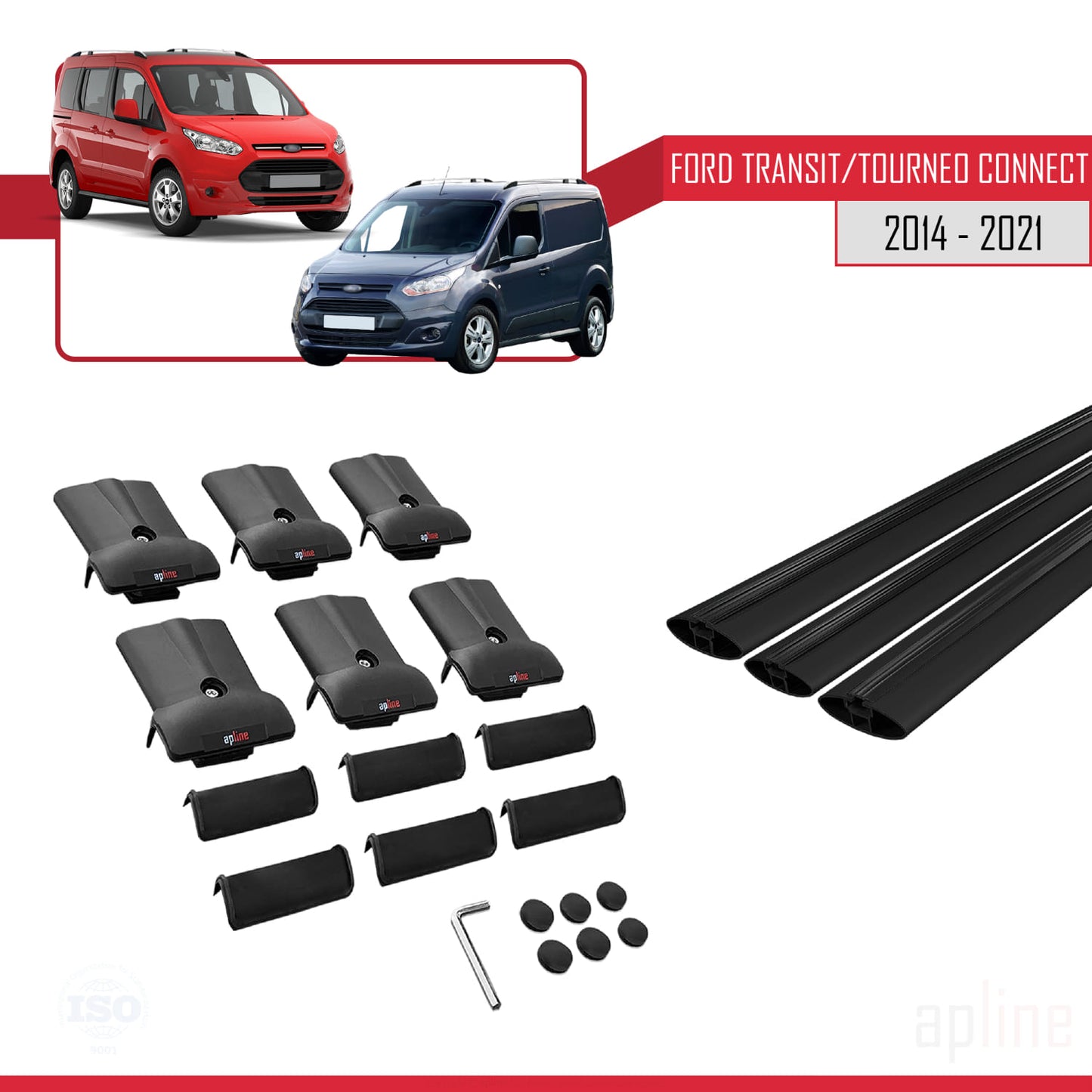Kompatibel mit Ford Transit/Tourneo Connect 2 2014-2021 FLY Modell Dachgepäckträger, schwarzes Aluminium, 3 Stangen