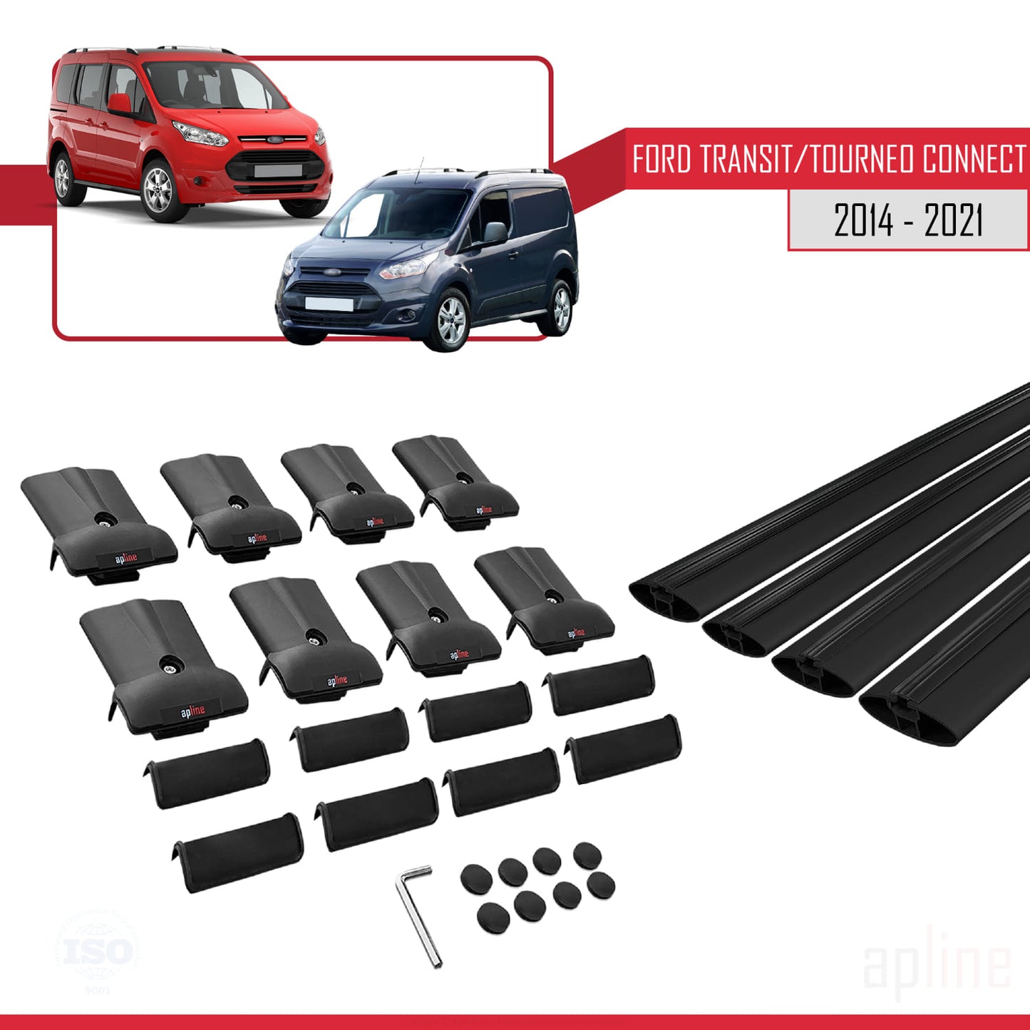 Kompatibel mit Ford Transit/Tourneo Connect 2 2014-2021 FLY Modell Dachgepäckträger, schwarzes Aluminium, 4 Stangen