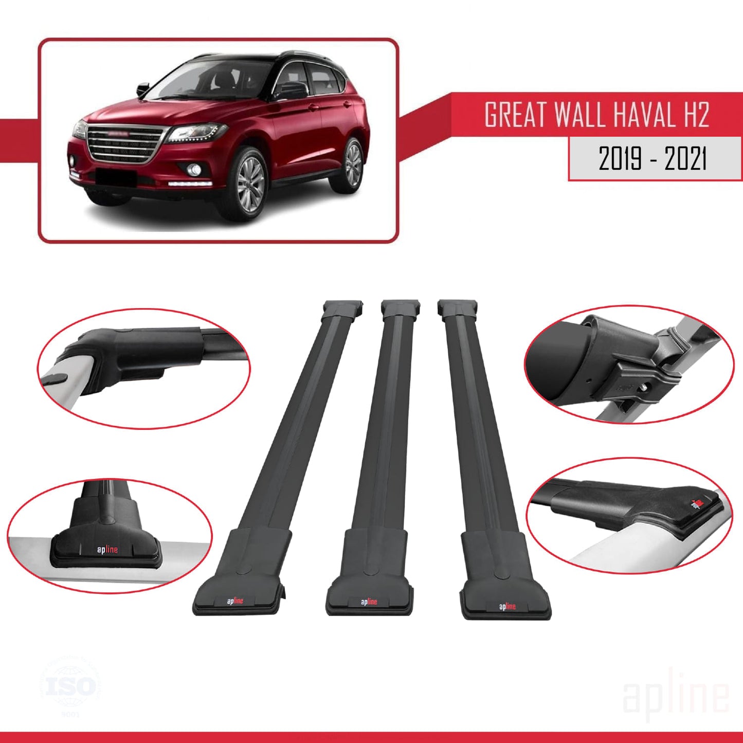 Kompatibel mit Great Wall Haval H2 2019-2021 FLY Modell Dachgepäckträger, Reling, Gepäckträger, schwarzes Aluminium, 3 Stangen