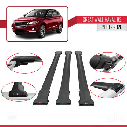 Kompatibel mit Great Wall Haval H2 2019-2021 FLY Modell Dachgepäckträger, Reling, Gepäckträger, schwarzes Aluminium, 3 Stangen