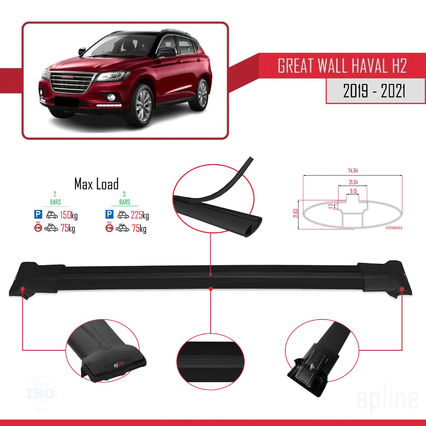 Kompatibel mit Great Wall Haval H2 2019-2021 FLY Modell Dachgepäckträger, Reling, Gepäckträger, schwarzes Aluminium, 2 Stangen