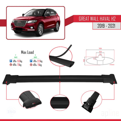Kompatibel mit Great Wall Haval H2 2019-2021 FLY Modell Dachgepäckträger, Reling, Gepäckträger, schwarzes Aluminium, 2 Stangen