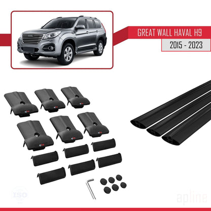 Kompatibel mit Great Wall Haval H9 2015-2023 FLY Modell Dachgepäckträger, Reling, Gepäckträger, schwarzes Aluminium, 3 Stangen