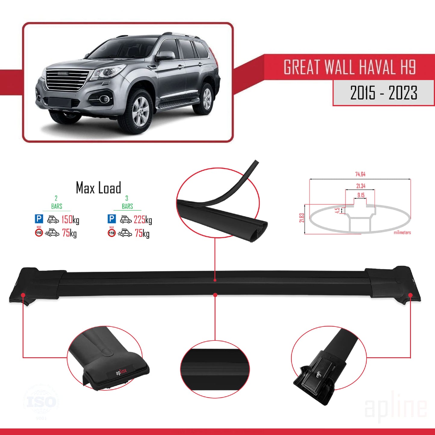 Kompatibel mit Great Wall Haval H9 2015-2023 FLY Modell Dachgepäckträger, Reling, Gepäckträger, schwarzes Aluminium, 2 Stangen