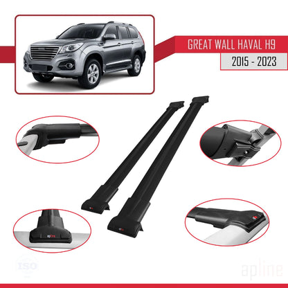 Kompatibel mit Great Wall Haval H9 2015-2023 FLY Modell Dachgepäckträger, Reling, Gepäckträger, schwarzes Aluminium, 2 Stangen