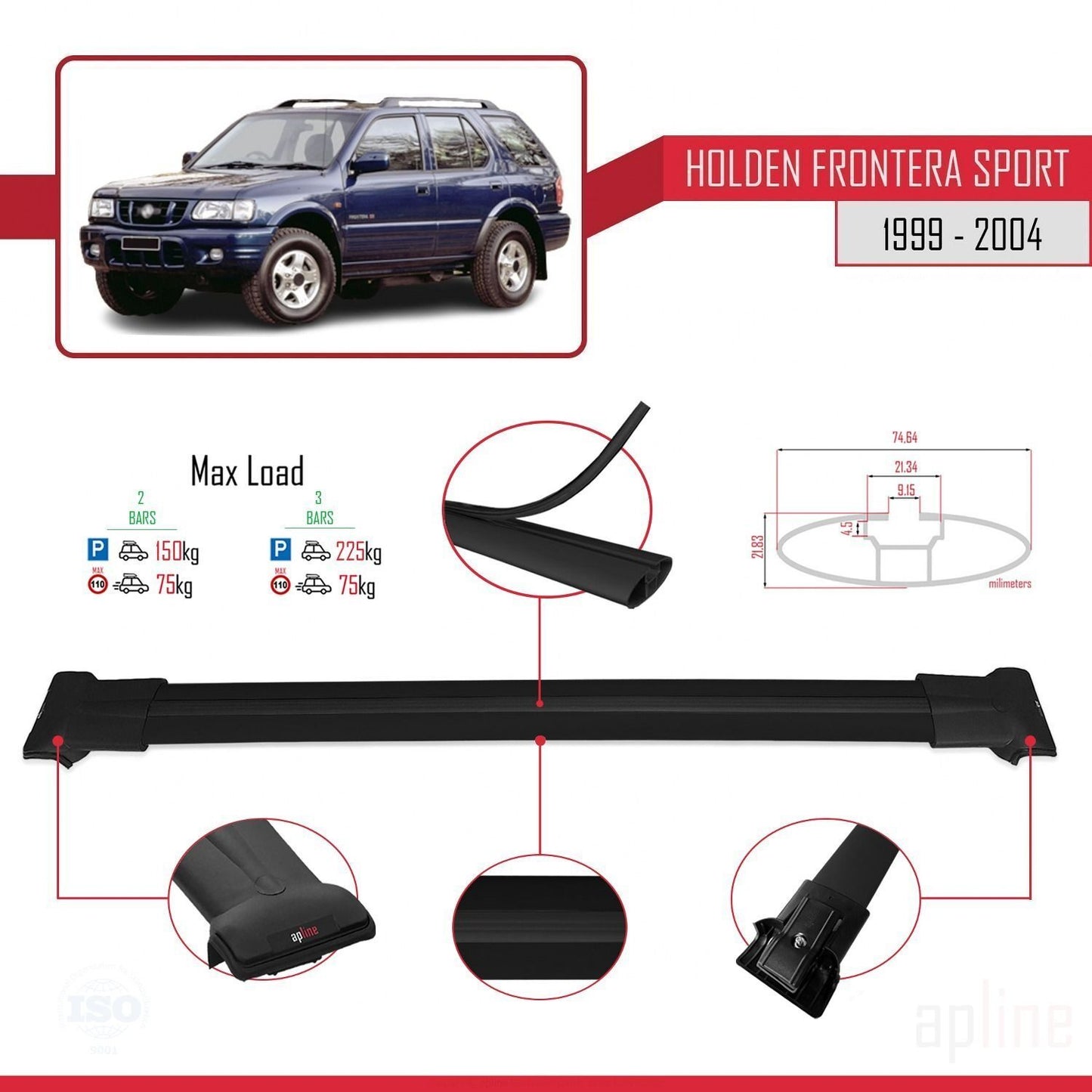 Compatible avec Holden Frontera Sport 2 1999-2004 FLY Model Barres de Toit Railing Porte-Bagages de Voiture Noir Aluminium 2 Barres