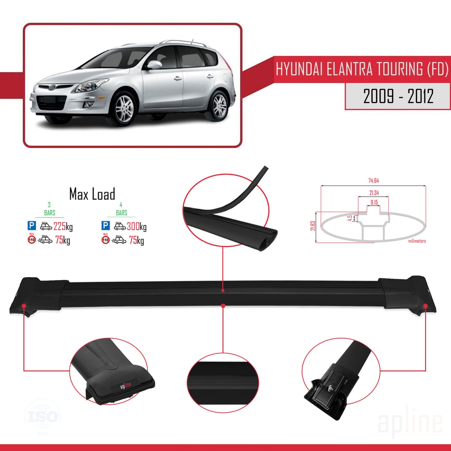 Kompatibel mit Hyundai Elantra Touring (FD) 2009-2012 FLY Model Relingträger Dachträger Auto Gepäckträger Schwarz Aluminium 3 Stangen