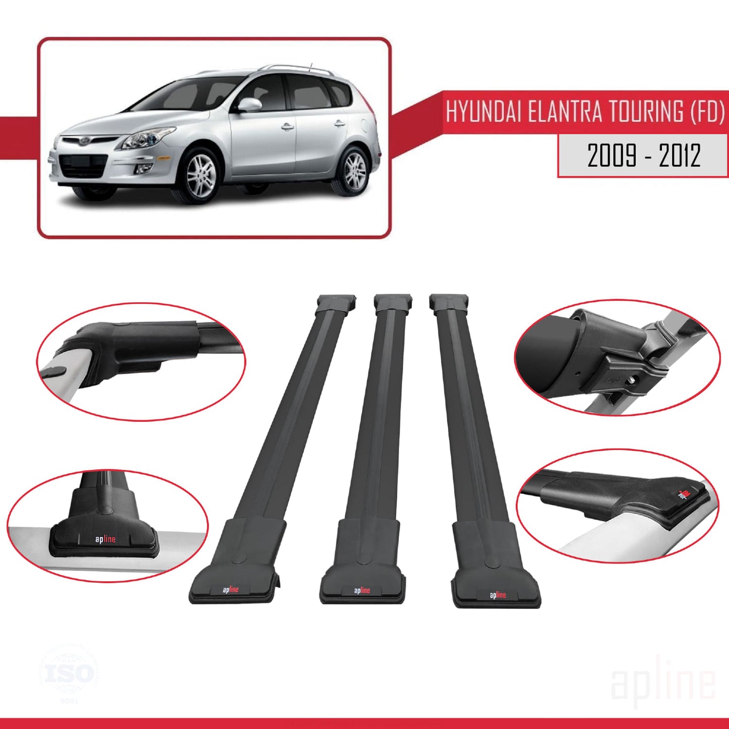 Kompatibel mit Hyundai Elantra Touring (FD) 2009-2012 FLY Model Relingträger Dachträger Auto Gepäckträger Schwarz Aluminium 3 Stangen