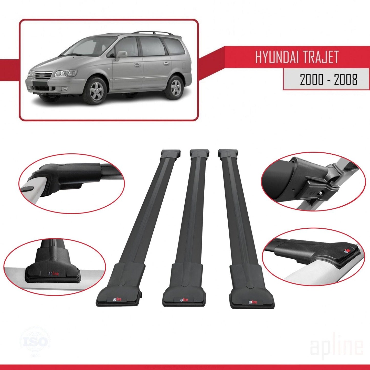 Compatible avec Hyundai Trajet 2000-2008 FLY Model Barres de Toit Railing Porte-Bagages de Voiture Noir Aluminium 3 Barres