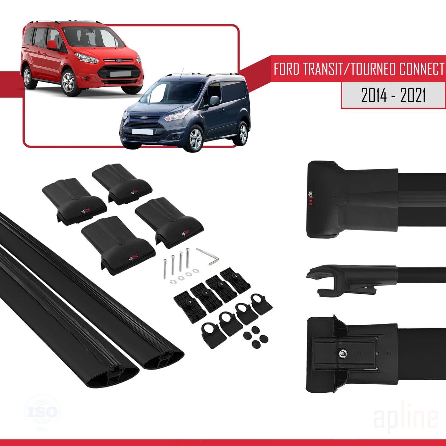 Kompatibel mit Ford Transit/Tourneo Connect 2 2014-2021 FLY Modell Dachgepäckträger, schwarzes Aluminium, 2 Stangen