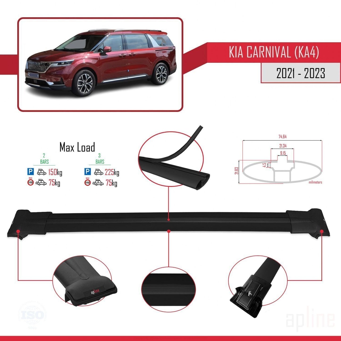 Kompatibel mit Kia Carnival 4 (KA4) 2021-2023 FLY Model Relingträger Dachträger Auto Gepäckträger Schwarz Aluminium 2 Stangen