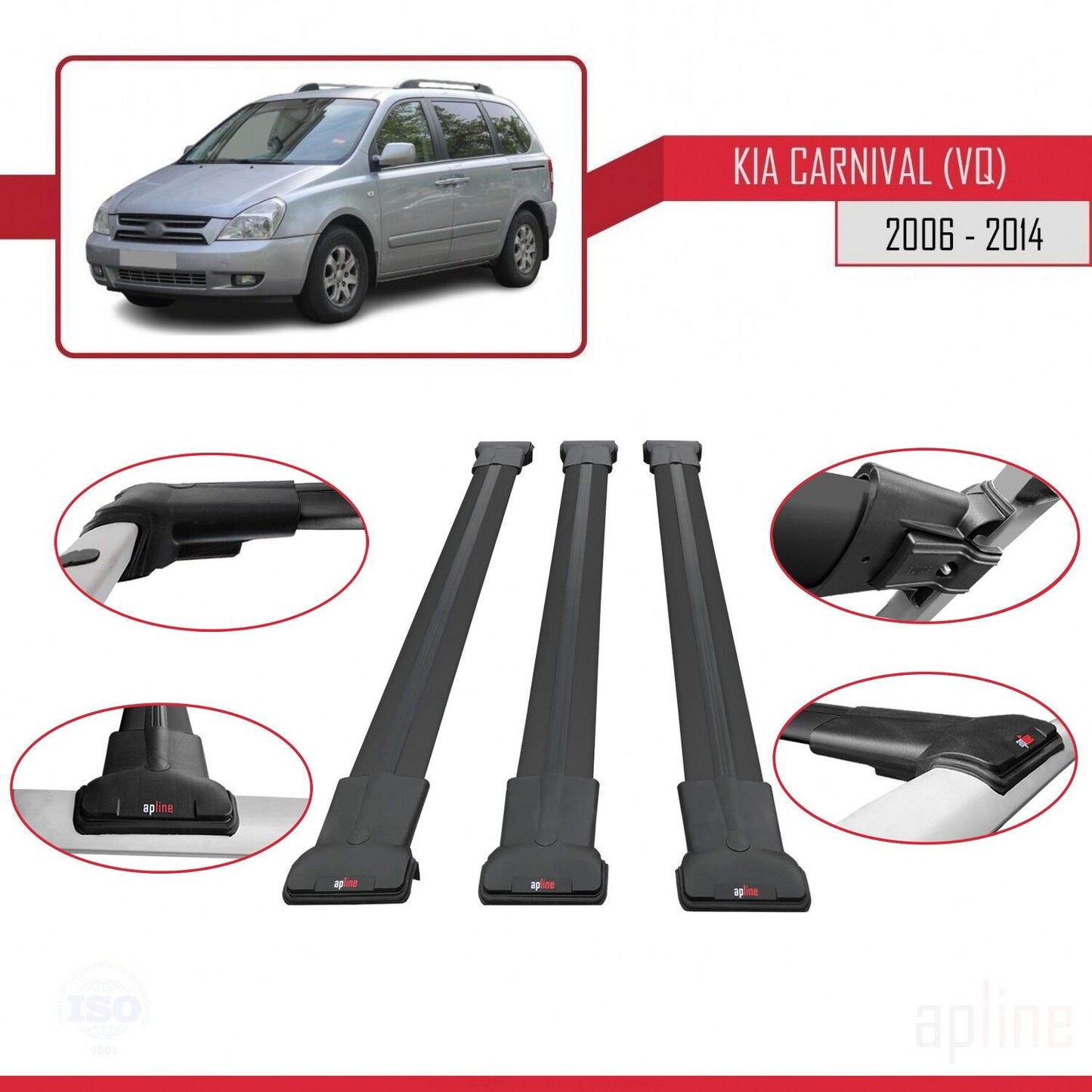 Kompatibel mit Kia Carnival 2 (VQ) 2006-2014 FLY Model Relingträger Dachträger Auto Gepäckträger Schwarz Aluminium 3 Stangen