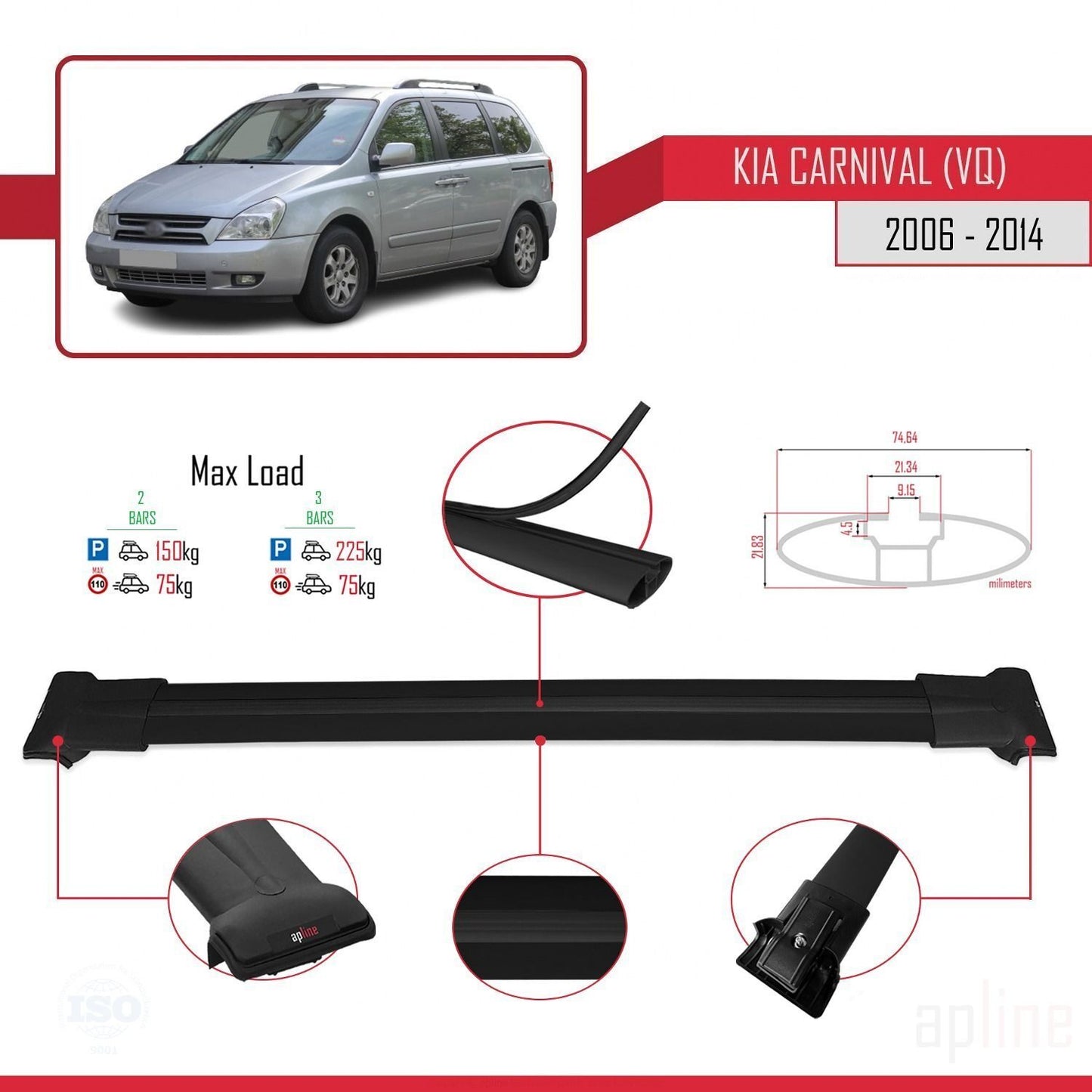 Kompatibel mit Kia Carnival 2 (VQ) 2006-2014 FLY Model Relingträger Dachträger Auto Gepäckträger Schwarz Aluminium 2 Stangen