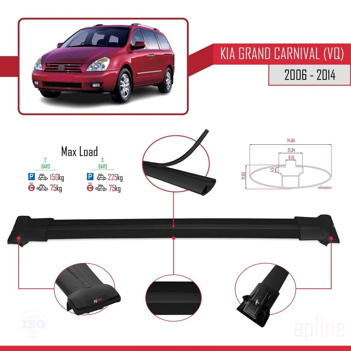 Compatible with Kia Grand Carnival 2 (VQ) 2006-2014 FLY Model Car Roof Rack Cross Bar Black Aluminium 2 Bars