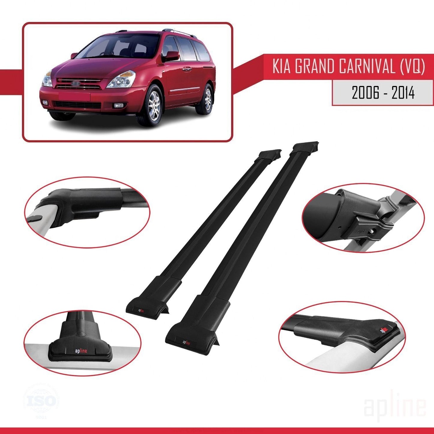 Compatible with Kia Grand Carnival 2 (VQ) 2006-2014 FLY Model Car Roof Rack Cross Bar Black Aluminium 2 Bars