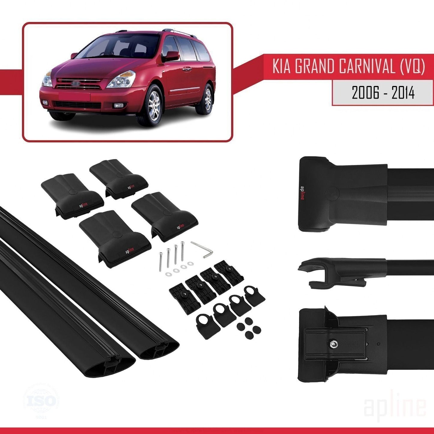Compatible with Kia Grand Carnival 2 (VQ) 2006-2014 FLY Model Car Roof Rack Cross Bar Black Aluminium 2 Bars