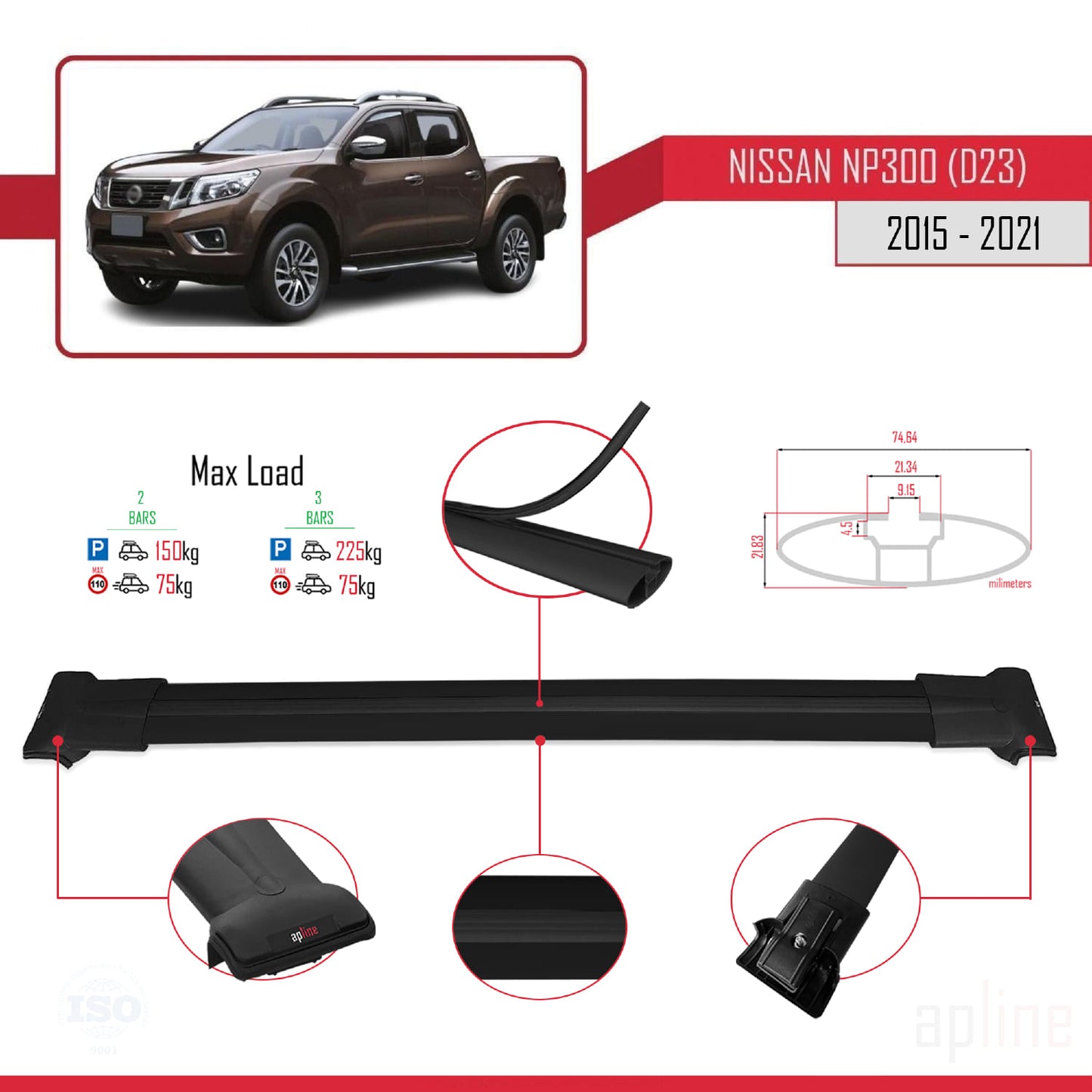 Compatible with Nissan NP300 (D23) 2015-2021 FLY Model Car Roof Rack Cross Bar Black Aluminium 2 Bars