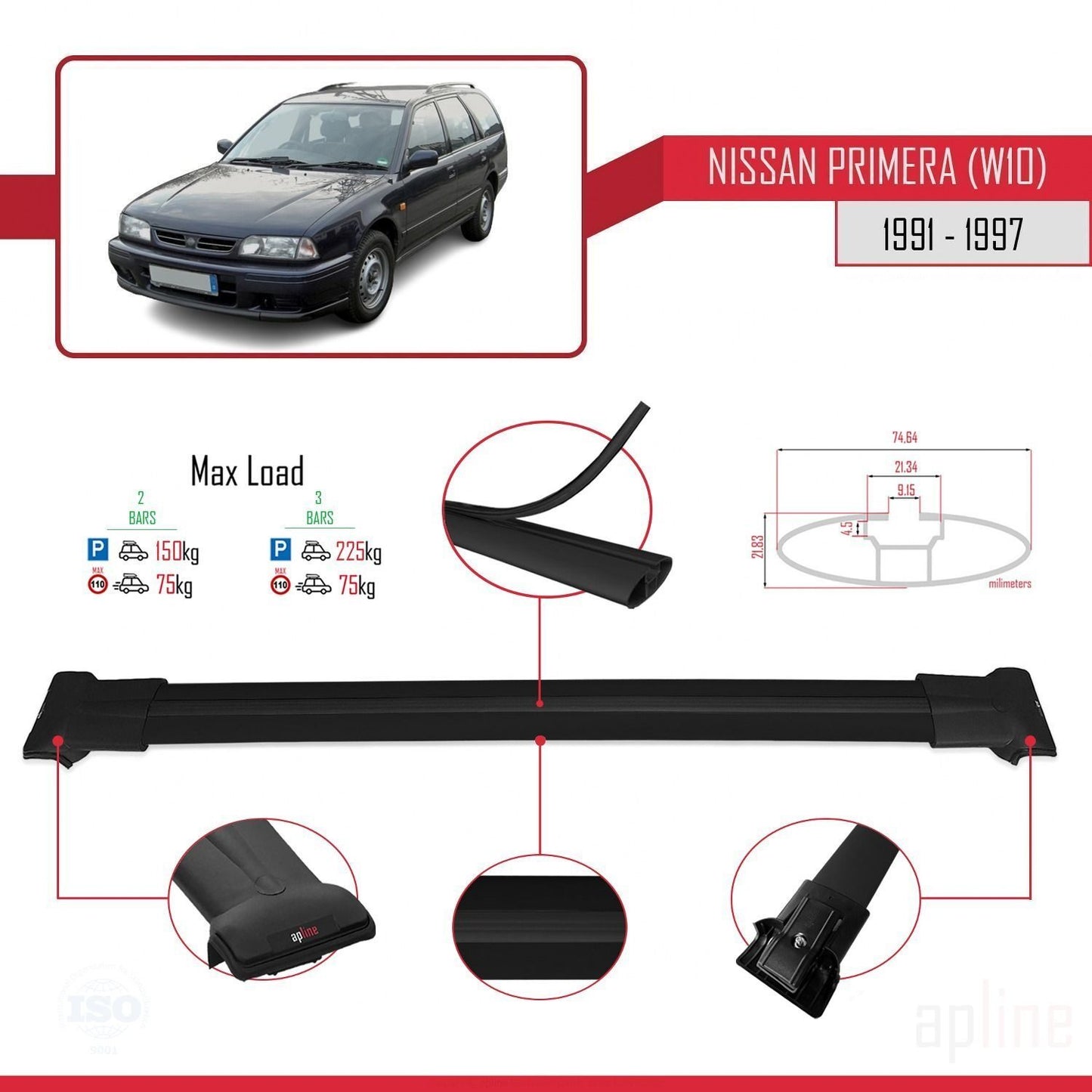 Compatible avec Nissan Primera (W10) Traveller 1991-1997 FLY Model Barres de Toit Railing Porte-Bagages de Voiture Noir Aluminium 2 Barres